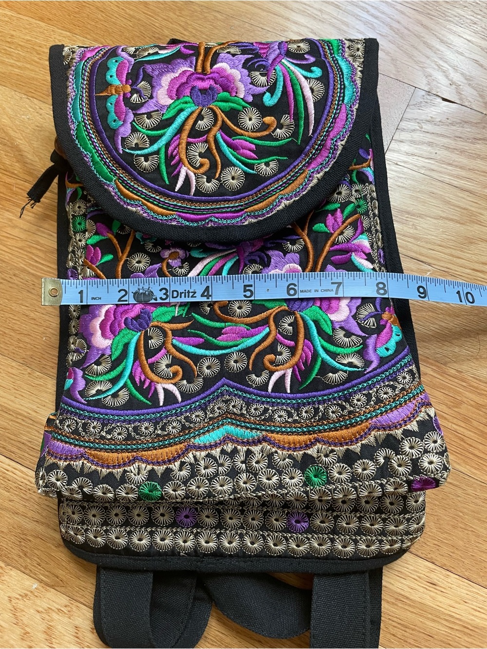 Embroidered Floral Black Backpack with Purple & Teal Accents - Picture 2 of 7